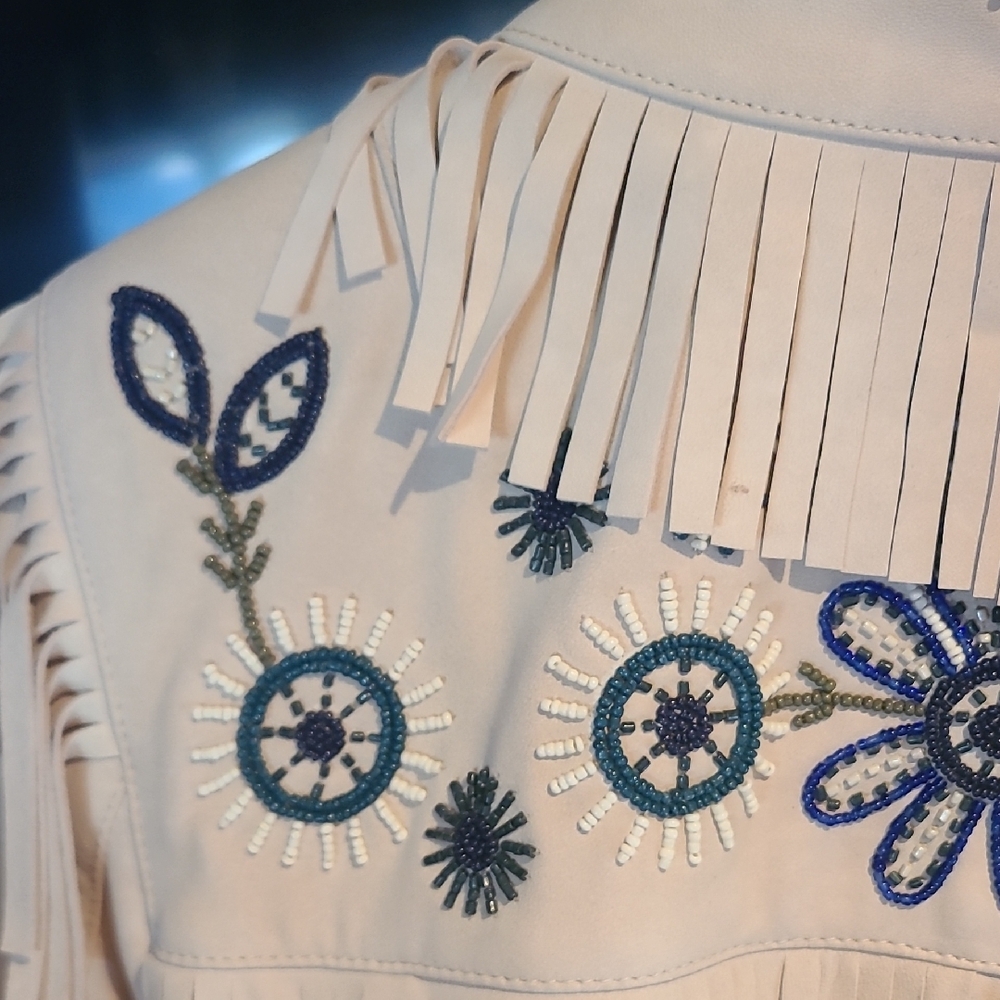 Double D Ranch Cream Leather Fringe Jacket with Blue Embroidery Western Style - Picture 10 of 13